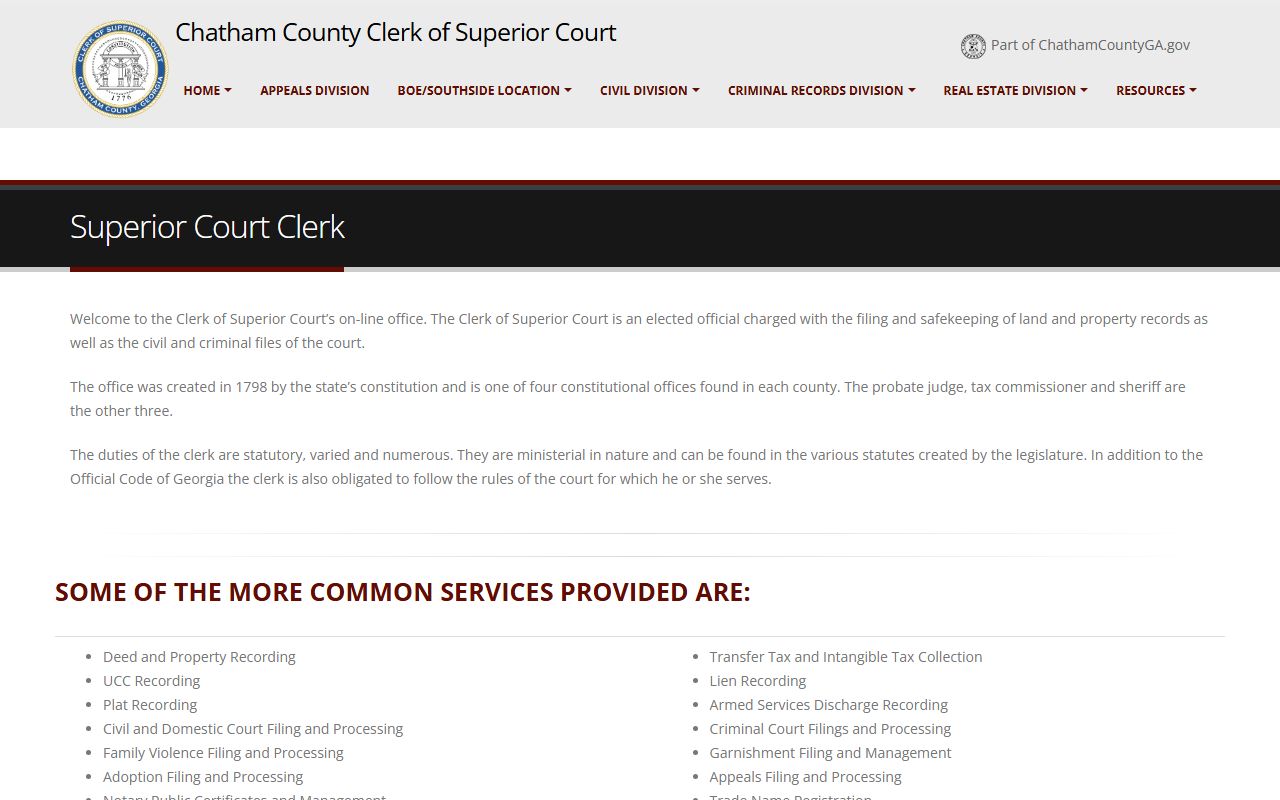 Chatham County White Pages Superior Court Clerk services page