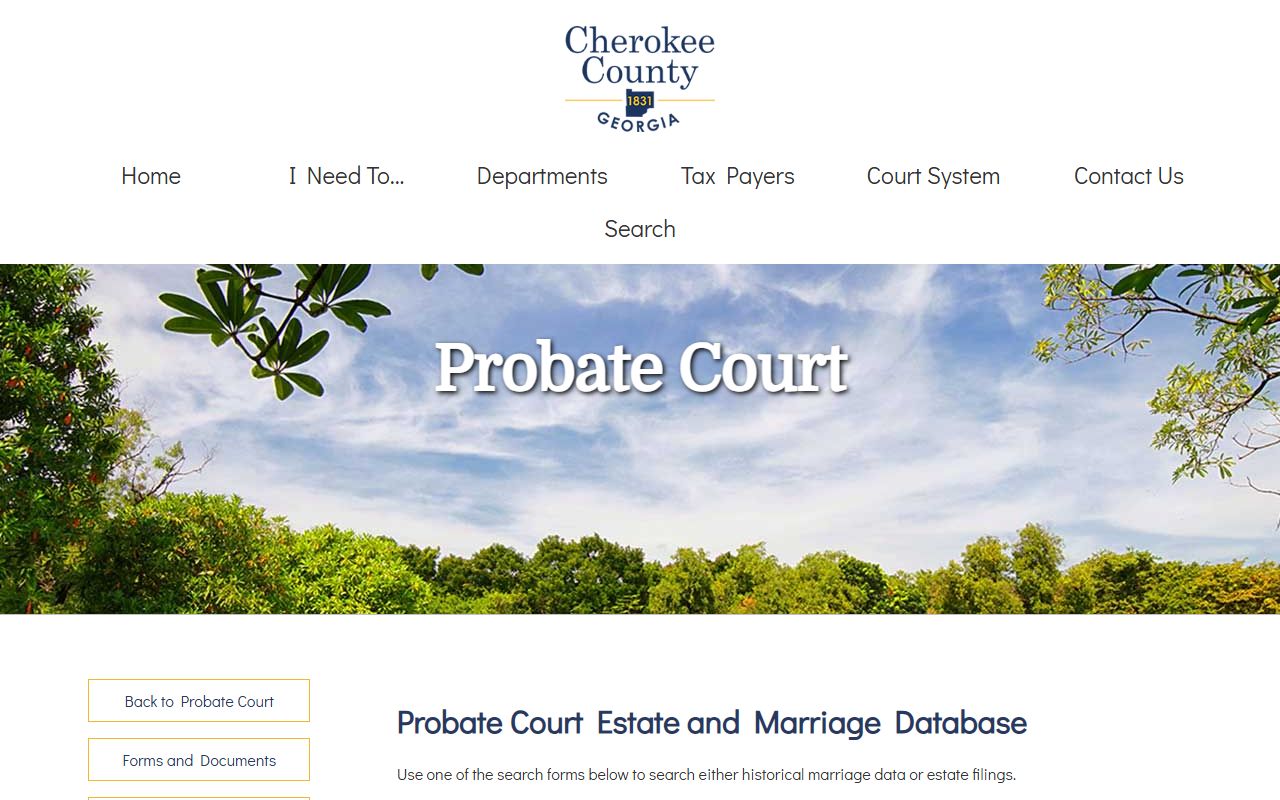 Cherokee County White Pages Probate Court marriage and estate search