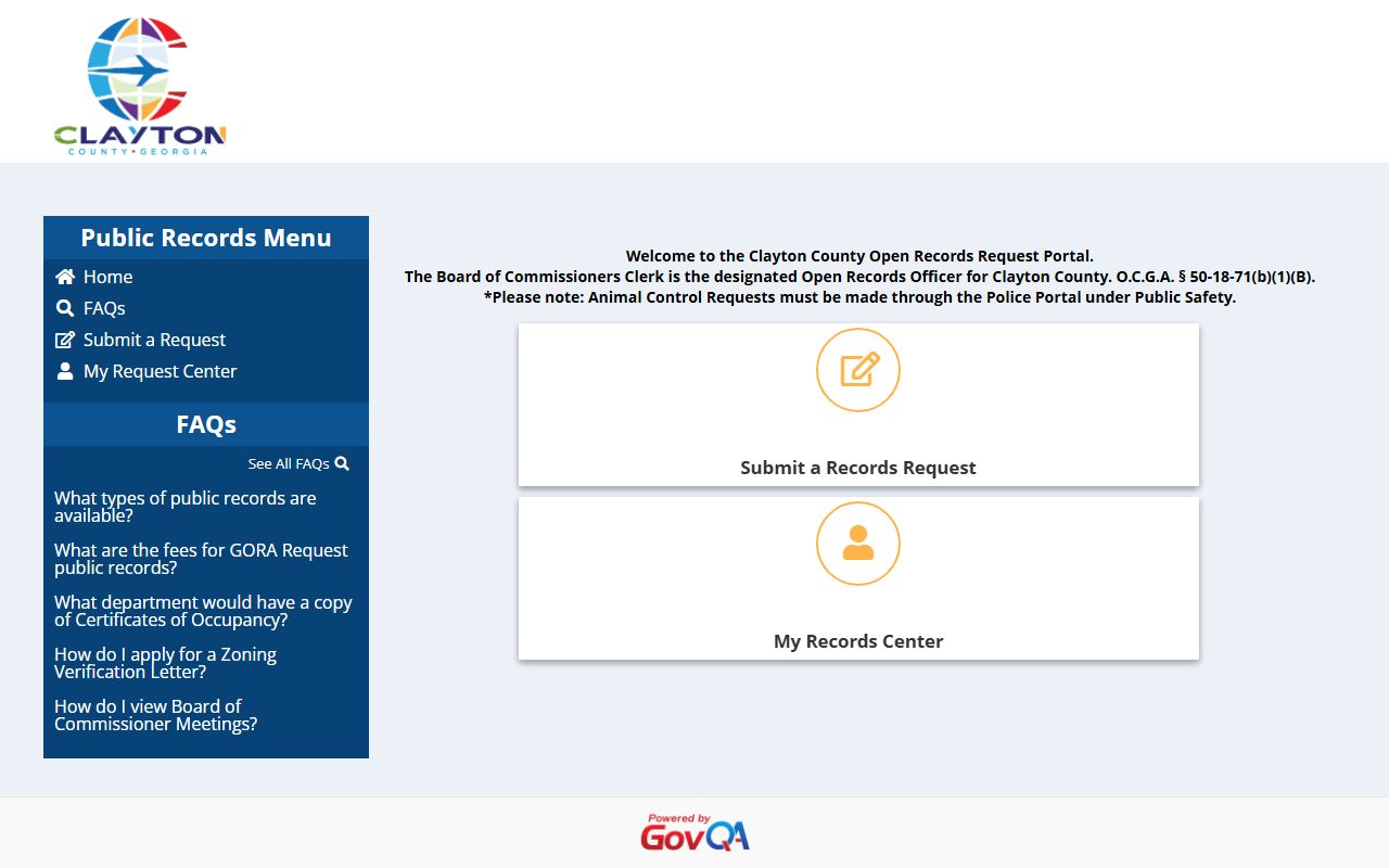 Clayton County White Pages open records request GovQA portal