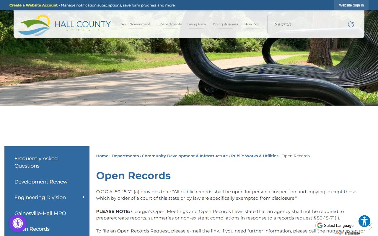 Hall County White Pages general open records request page