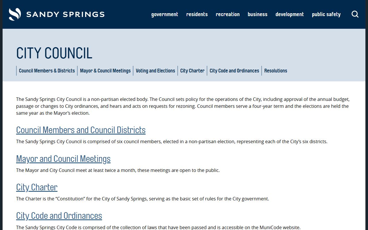 Sandy Springs White Pages city council contact page