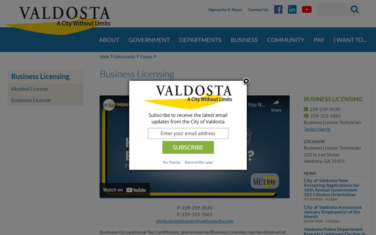Valdosta white pages business license search information