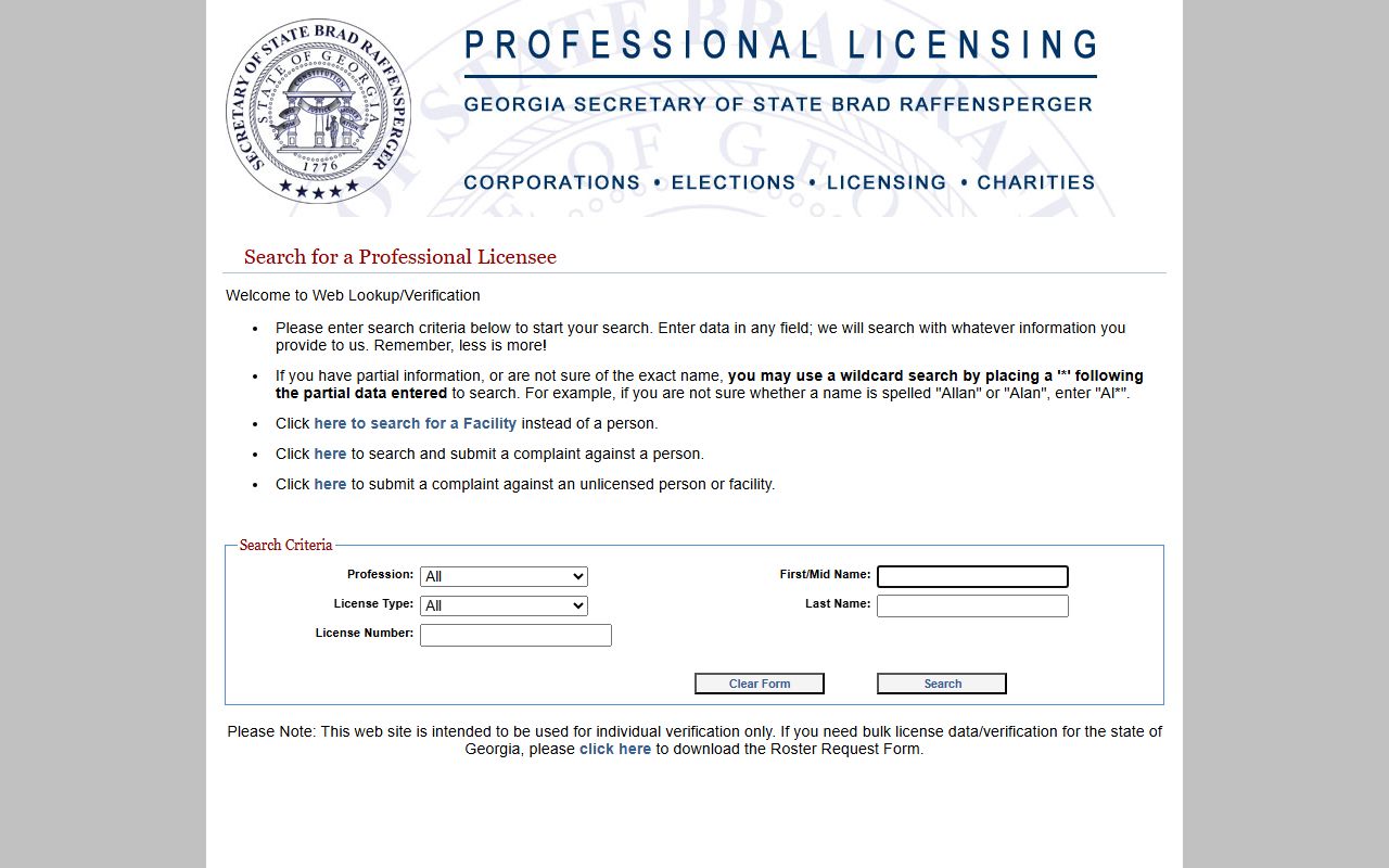 Georgia White Pages professional licensing search database
